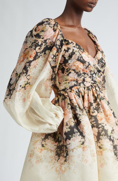 Shop Zimmermann Illustration Floral Long Sleeve Draped Linen & Silk Minidress In Tea Rococo Floral