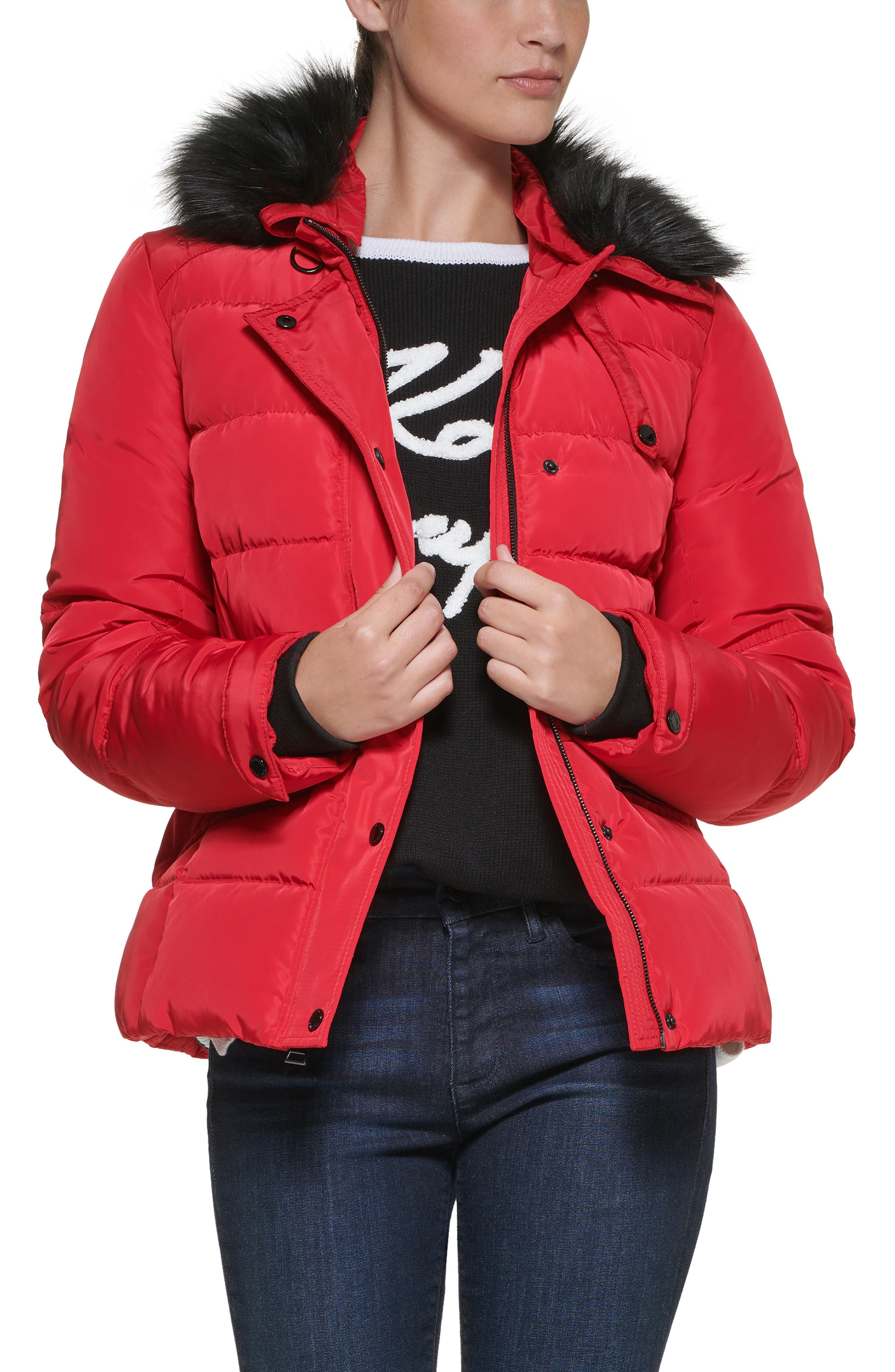 red puffer jacket with hood