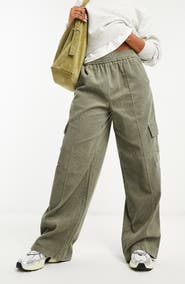 ASOS DESIGN parachute corduroy pants in stone