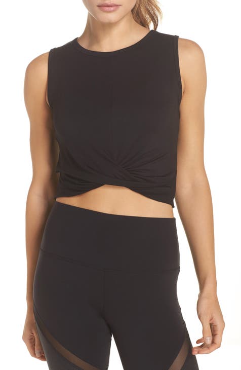 Alo Yoga > Black Knot Bra Ribbed Front Tie Active Cropped Tank