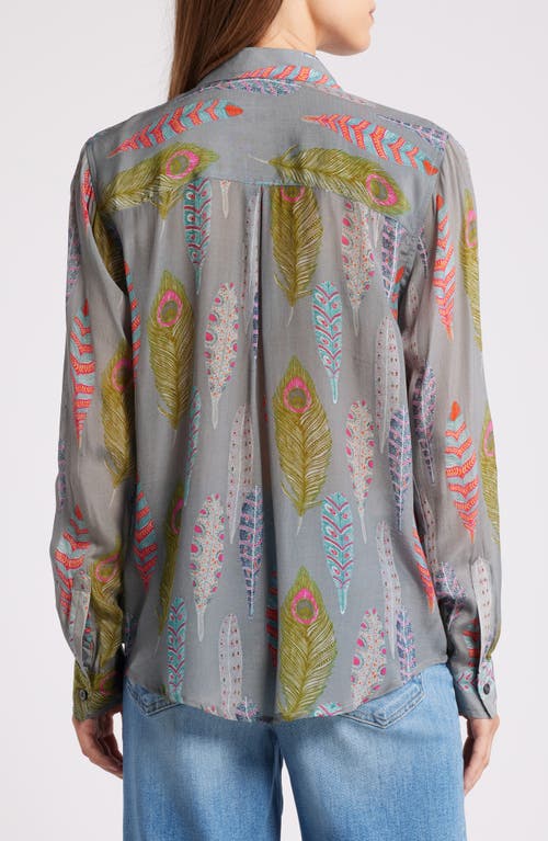 Shop Apny Feather Print Button-up Shirt In Grey Multi