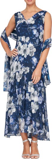 Floral Cowl Neck A Line Dress with Shawl