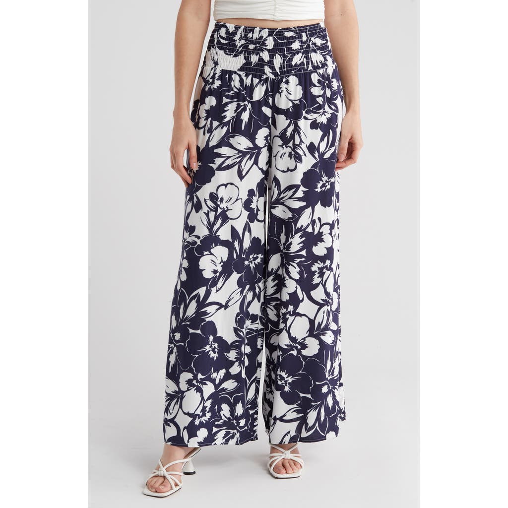 Shop Philosophy By Rpublic Clothing Smocked Wide Leg Pants In Summer Floral Navy/white