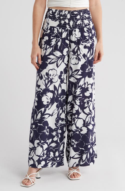Shop Philosophy By Rpublic Clothing Smocked Wide Leg Pants In Summer Floral Navy/white