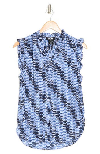 Dkny Ruffle Sleeveless Button-up Top In Dutch Blue/classic Navy