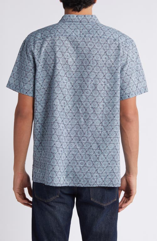 Shop Treasure & Bond Poetic Linen Blend Camp Shirt In Navy- Teal Poetic Print