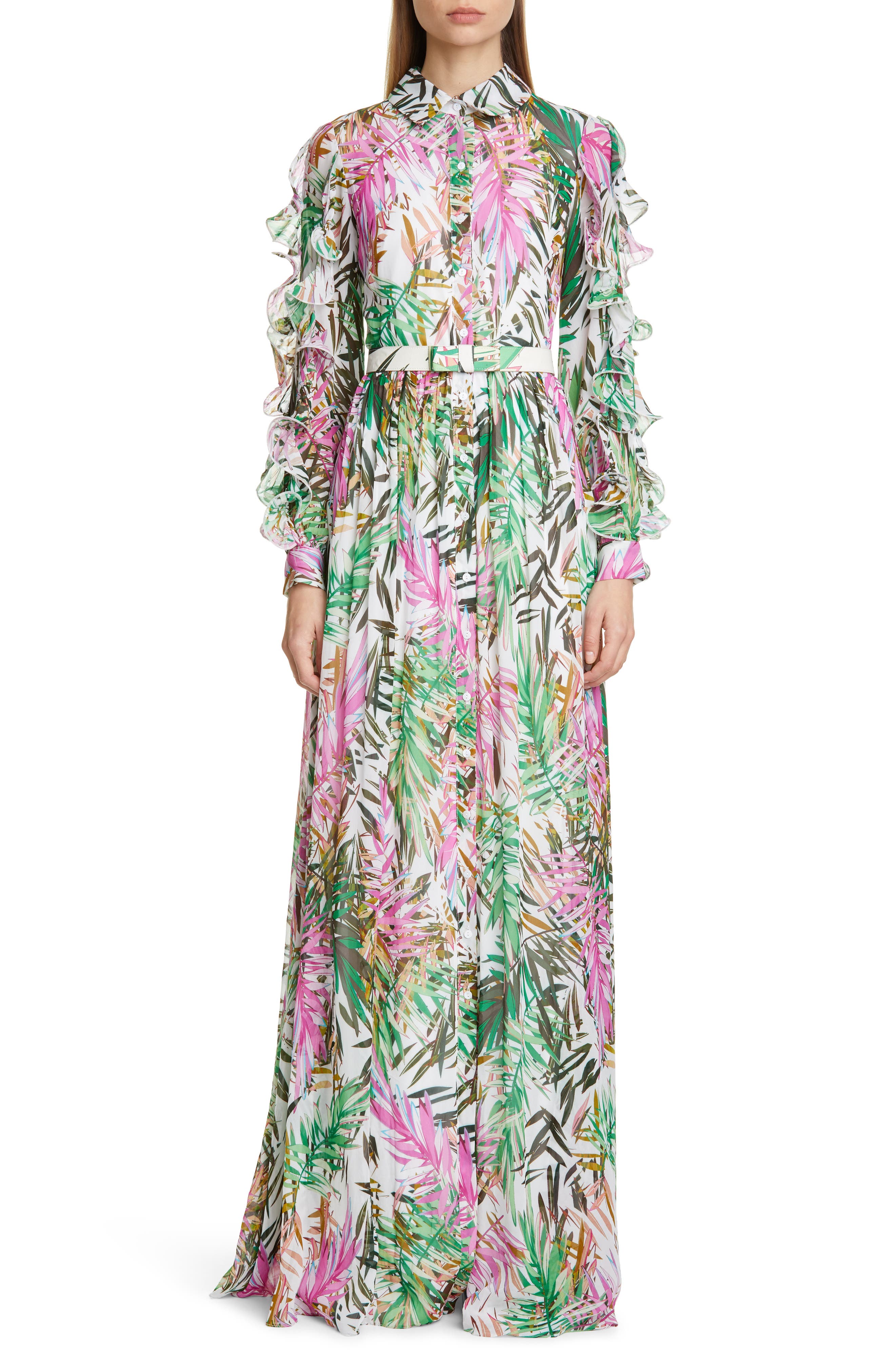 Badgley Mischka Collection Ruffle Long Sleeve Floral Print Gown