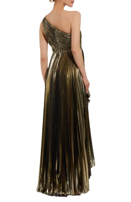 Mac Duggal Metallic Pleated Ruffle Hem One Shoulder High Low Gown In Gold