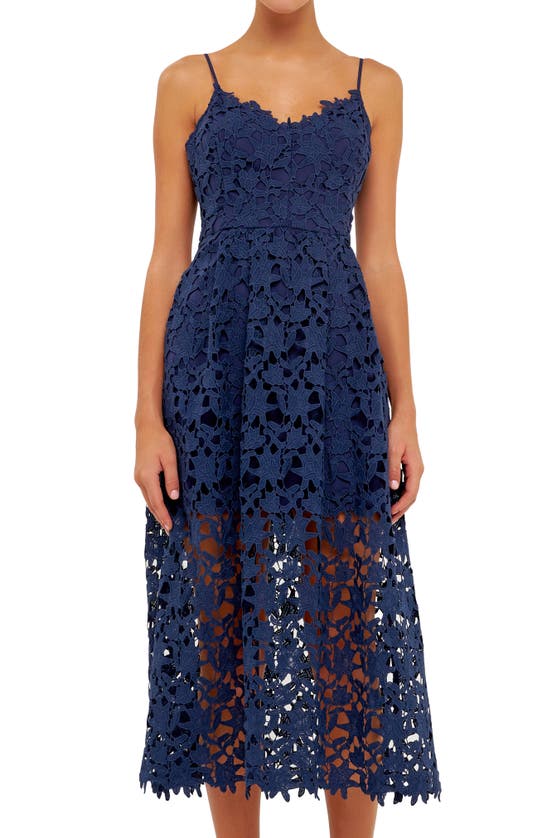 Shop Endless Rose Lace Spaghetti Strap Midi Dress In Navy