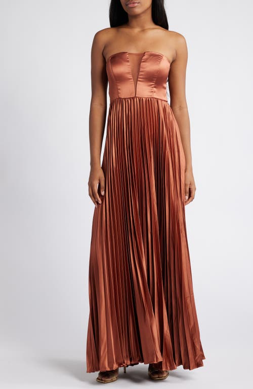 Lulus Perfected Elegance Strapless Pleated Satin Gown in Mauve Brown 