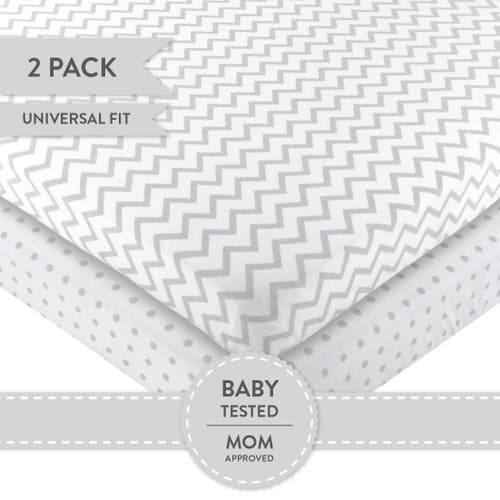 Mini Crib Sheet Baby Fitted Pack N Play In Grey Chevron & Polka Dots
