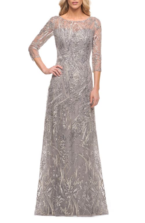 La Femme Beaded Sequin Gown in Silver