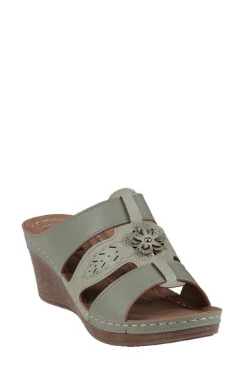 Gc Shoes Spring Green Open Toe Triple Band Flower Wedge Sandals In Green