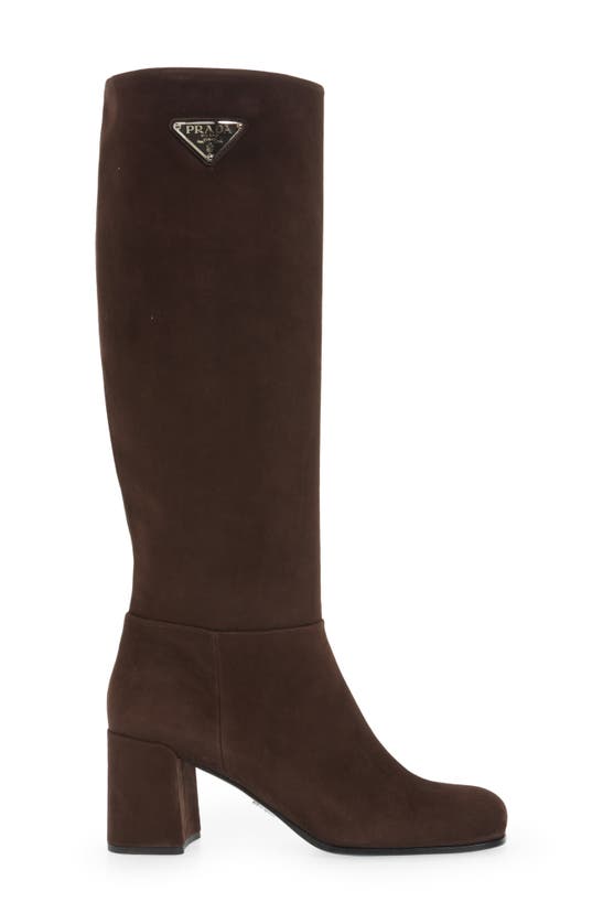 Prada Logo Knee High Boot In Moro