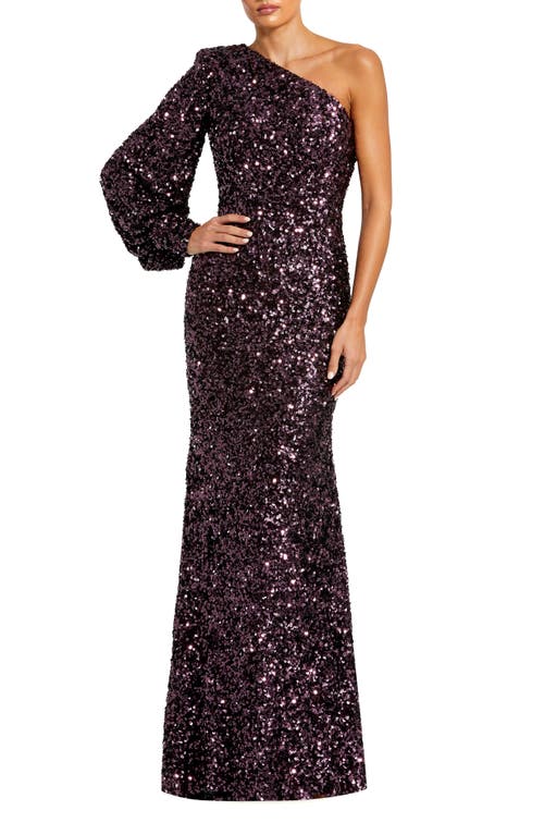 Shop Mac Duggal Sequin One-shoulder Column Gown In Aubergine