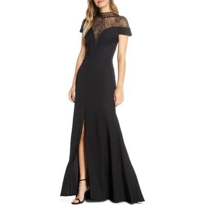 Tadashi Shoji Mock Neck Embroidered Mesh Bodice Gown, Black