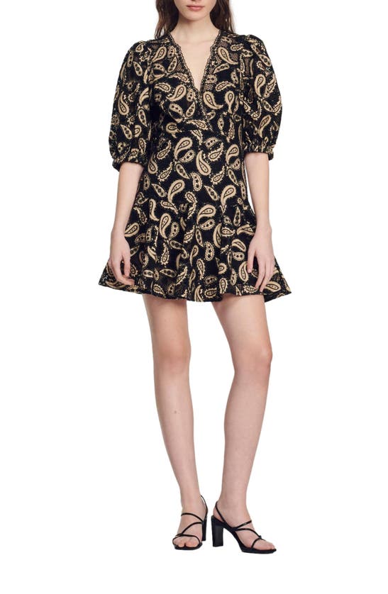 Sandro Short Guipure Dress With Paisley Print In Black Beige