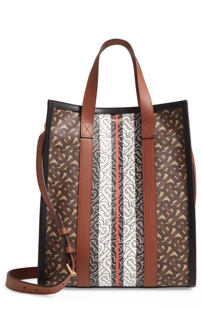 Burberry Vertical Tote Bag In E-canvas With Striped Monogram Print In Brown | ModeSens