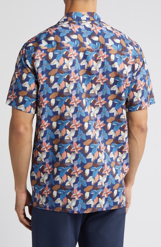 Shop Johnston & Murphy Abstract Floral Cotton And Modal Camp Shirt In Navy