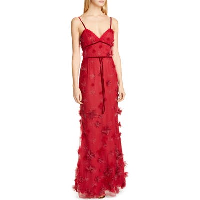 Marchesa Notte Floral Applique Trumpet Gown, Burgundy