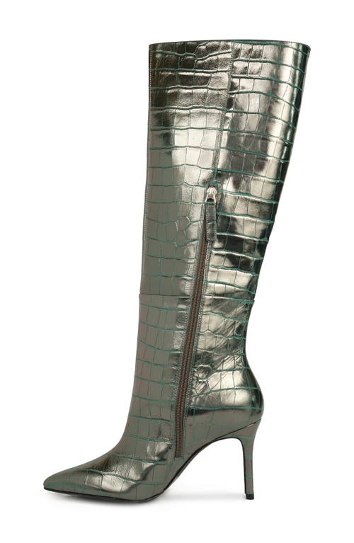Black Suede Studio Tory Croc Embossed Knee High Boot In Silver Metallic Croc