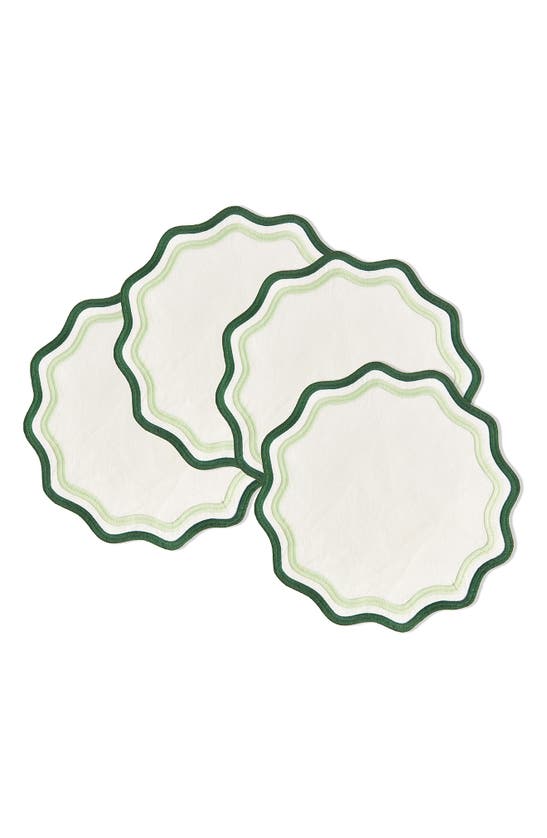 Misette Set Of 4 Embroidered Linen Placemats In Color Block - Dark Green/ Sage