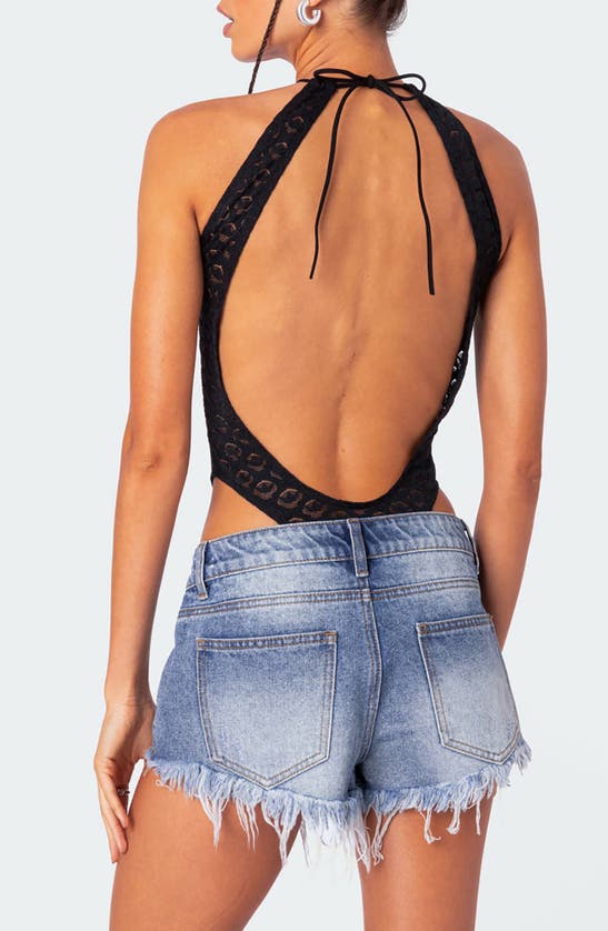 Shop Edikted Lace Halter Open Back Sheer Bodysuit In Black