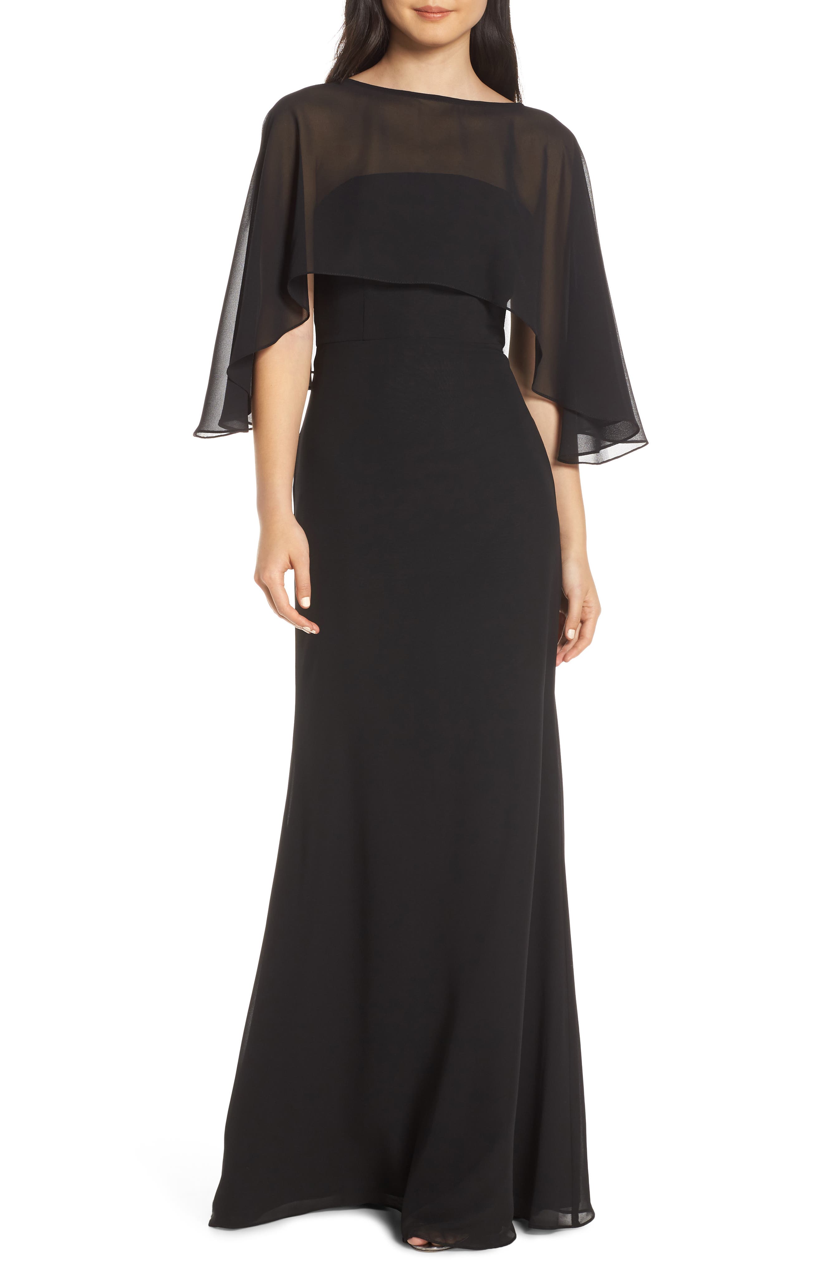 Hayley Paige Occasions Strapless Chiffon Evening Dress With Cape, Black
