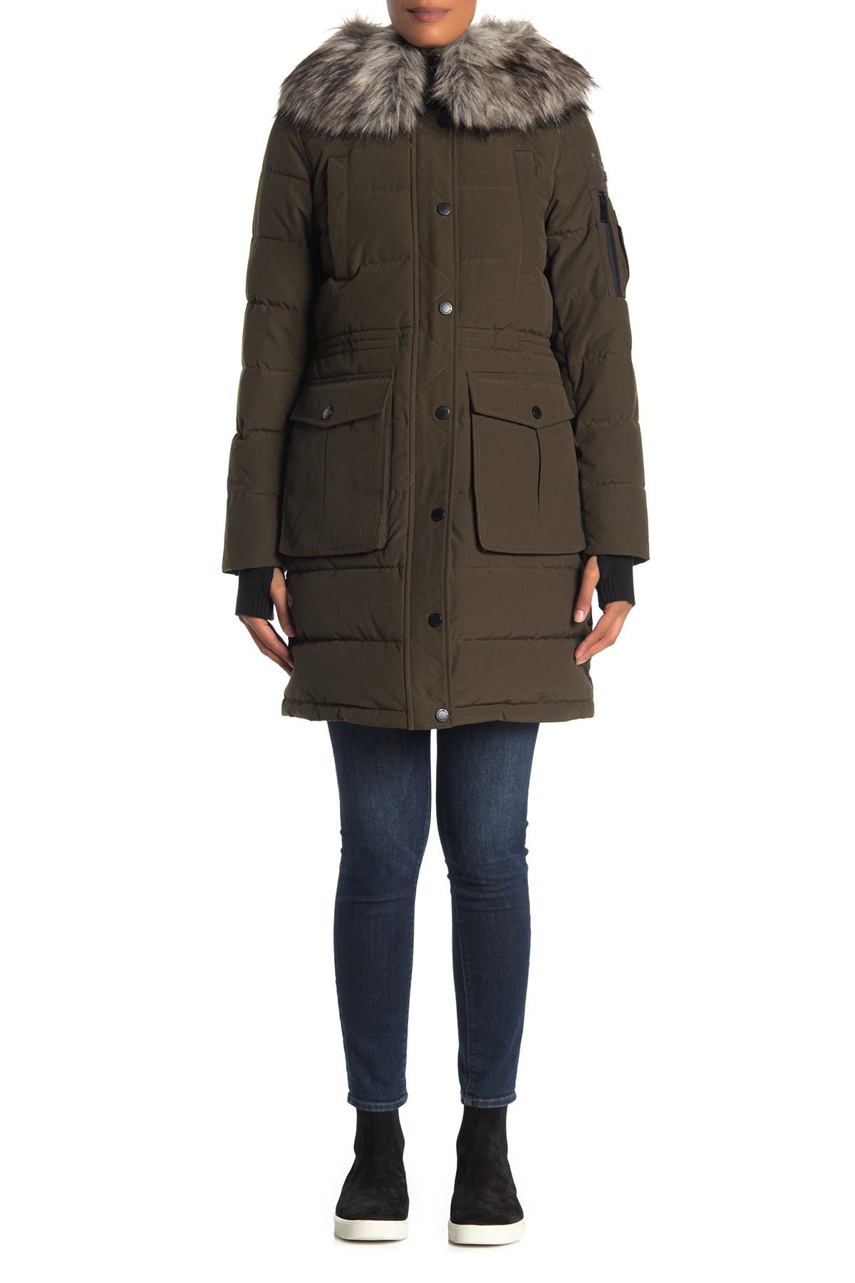 bcbgeneration faux fur trim hooded quilted jacket