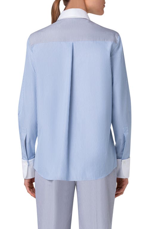 Shop Akris Punto Colorblock Microstripe Cotton Batiste Button-up Shirt In Ink-sapphire-cream