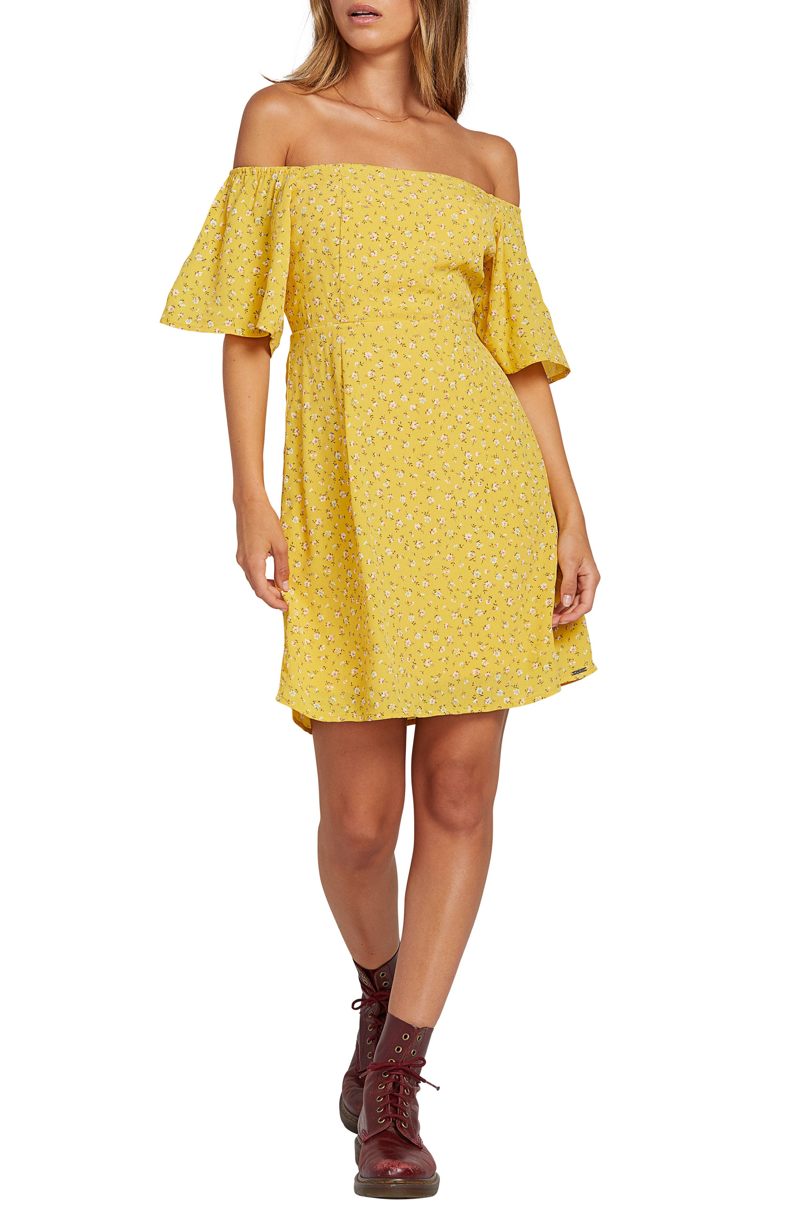 Volcom Hey Bud Off The Shoulder Minidress, Yellow