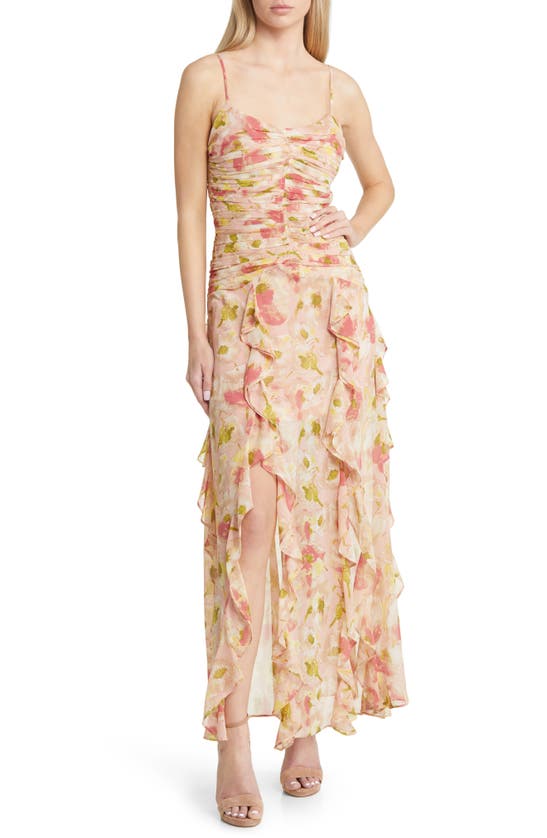 FLORET STUDIOS FLORAL RUCHED BODICE CASCADING RUFFLE MAXI DRESS