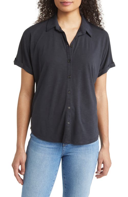 Mavi Jeans Short Sleeve Cotton Knit Button-Up Top in Black