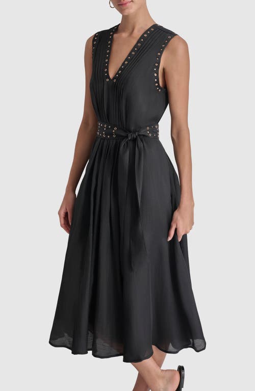 Shop Dkny Grommet Tie Belt Sleeveless Organza Midi Dress In Black