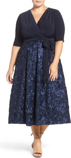 Alex Evenings Tea Length Jersey Rosette Lace Dress Nordstrom