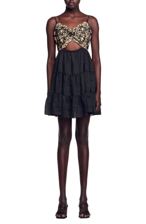 sandro Mathildana Embroidered Cutout Minidress Beige /Black at Nordstrom,