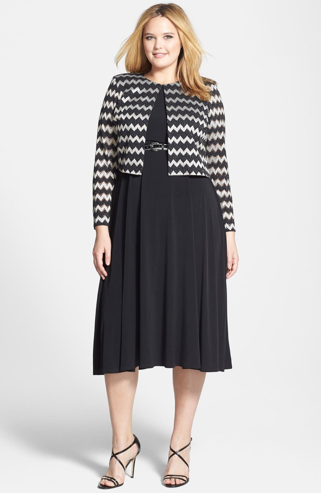 Jessica Howard Belted Dress & Metallic Stripe Jacket (Plus Size