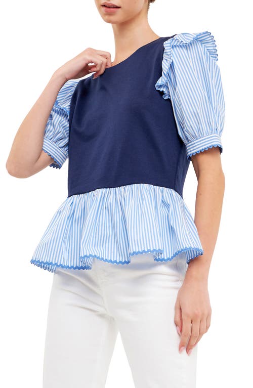 English Factory Trim Edge Detail Mixed Media Top In Navy/blue Stripe