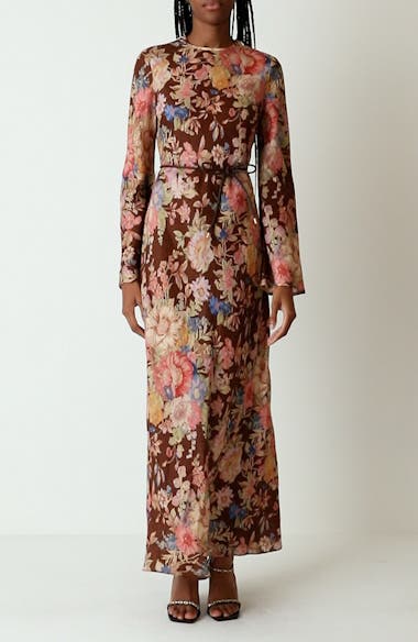 Zimmermann August Floral Print Long Sleeve Belted Linen Maxi Dress