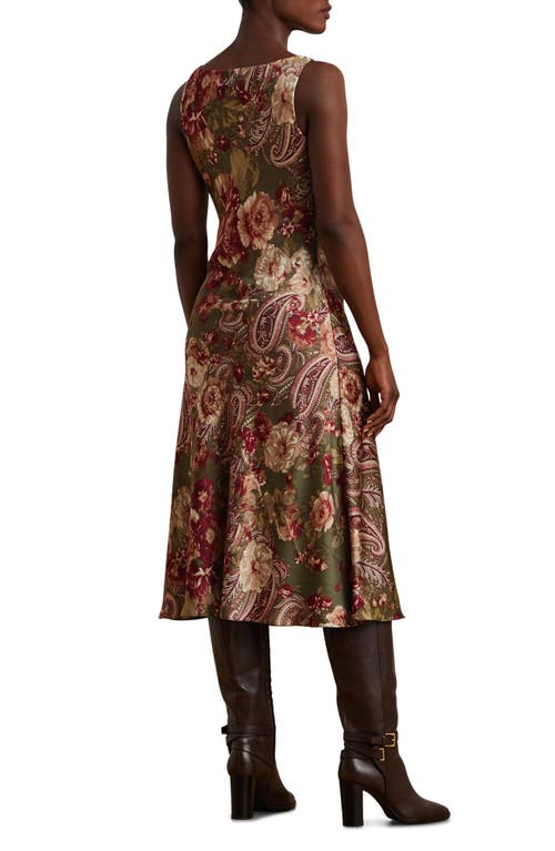 Shop Lauren Ralph Lauren Floral Sleeveless Charmeuse Dress In Olive Multi