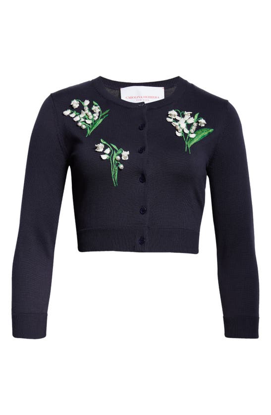 Shop Carolina Herrera Lily Of The Valley Embroidered Crop Cardigan In Midnight Multi