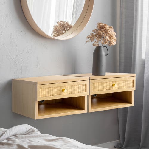 Jonathan Y Celerie Mid-century Modern Floating Wall Mounted Nightstand With Soft-close Rattan Drawer In Light Oak