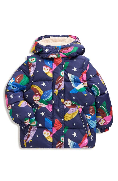 Mini Boden Kids' Owl Print 2-in-1 Puffer Jacket in College Navy Owls 