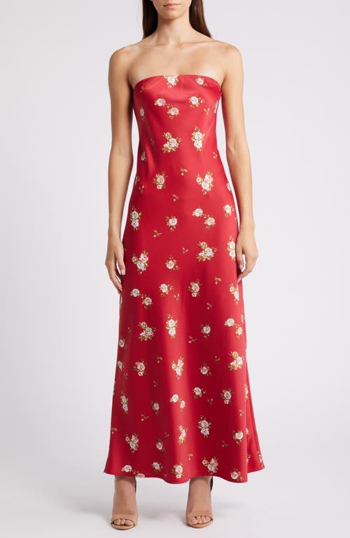 Shop Wayf Madelyn Floral Strapless Satin Cocktail Dress In Scarlet Ditsy