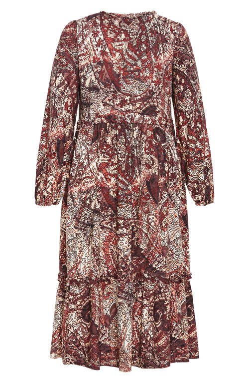 City Chic Gaia Long Sleeve Tiered Maxi Dress In Cocoa Paisley