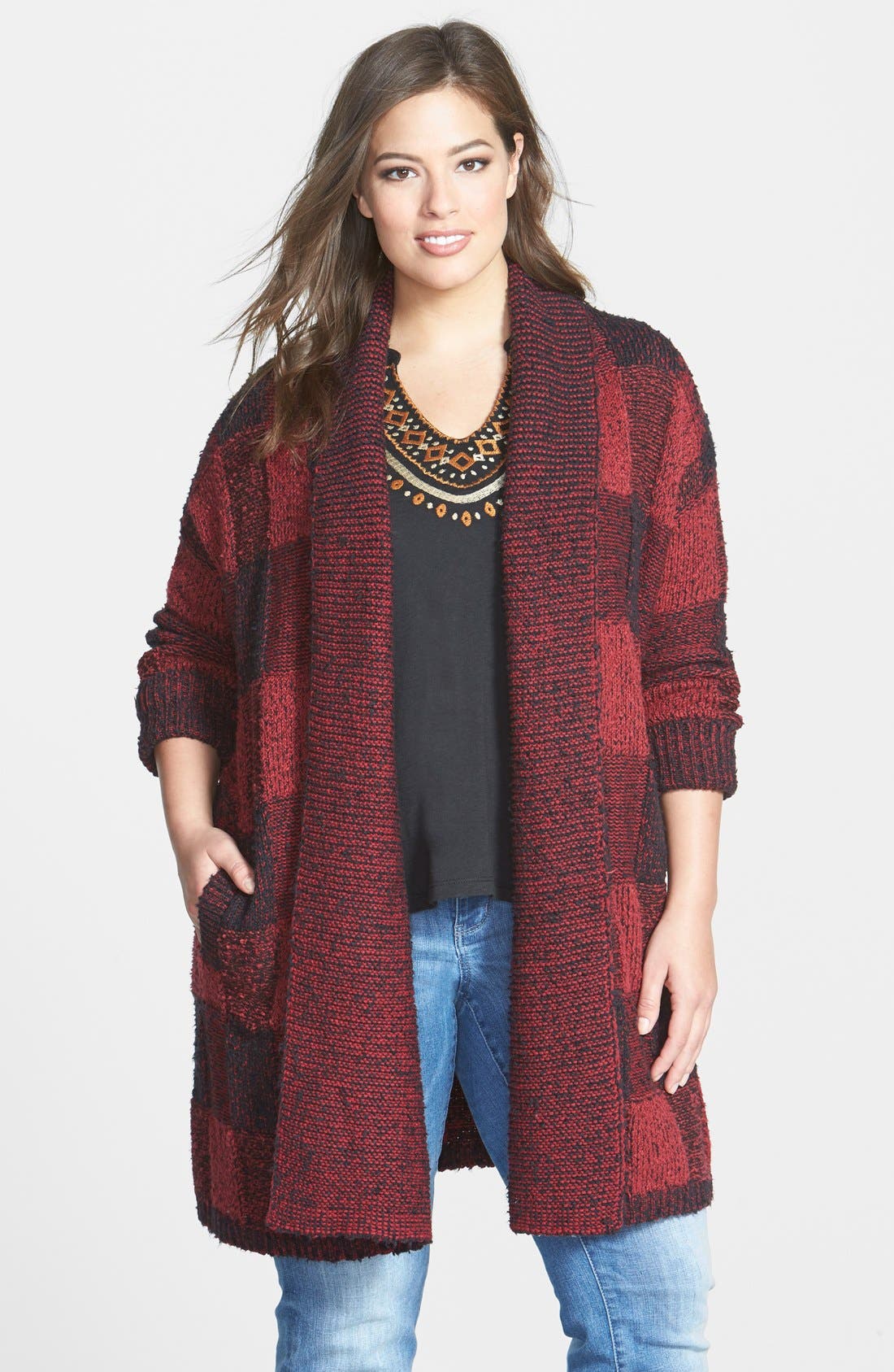 Lucky Brand Long Plaid Bouclé Cardigan (Plus Size) Nordstrom