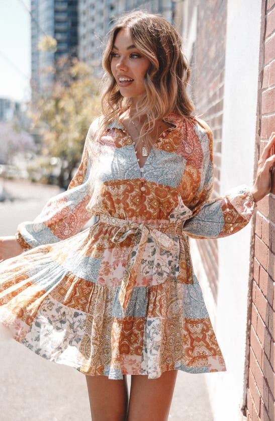 Petal And Pup Petal & Pup Silante Patchwork Print Belted Long Sleeve Shirtdress In Multi