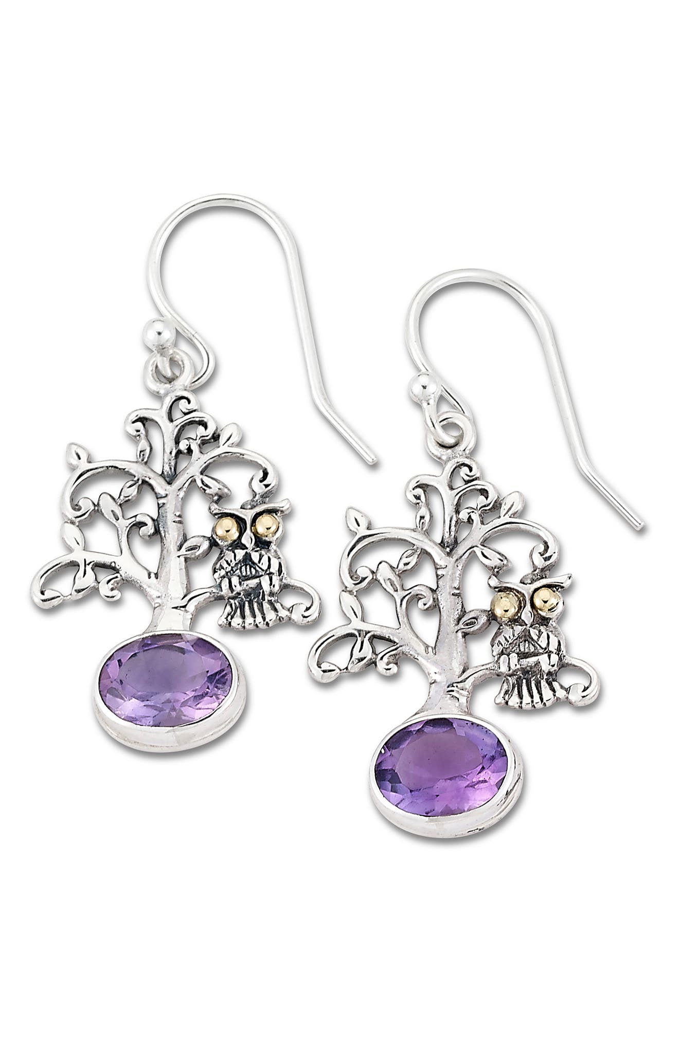 SAMUEL B. 18K Gold & Sterling Silver Amethyst Owl Tree Drop Earrings ...