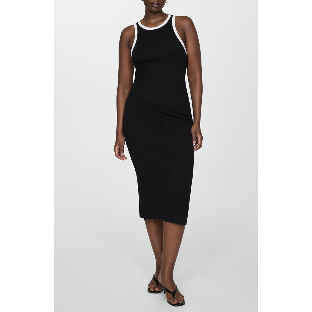 Mango Contrast Trim Cotton Blend Midi Dress In Black