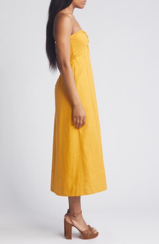 Shop Lost + Wander Elia Strapless Linen & Cotton Midi Dress In Marigold
